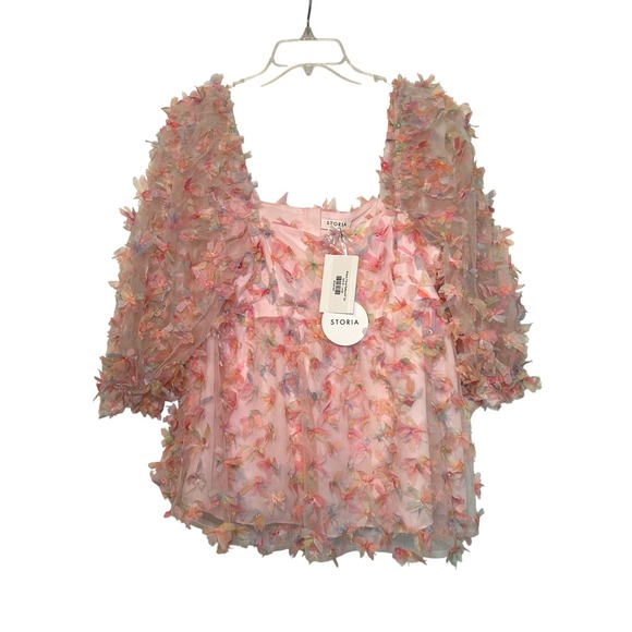 Storia Tops - NWT Pink Multicolor Babydoll Blouse Women's Large Dopamine Girly Preppy Floral